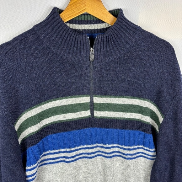 Eddie Bauer Men's Blue Gray Striped 1/4 Zip Pullover Sweater Size L Wool Preppy - Picture 2 of 9